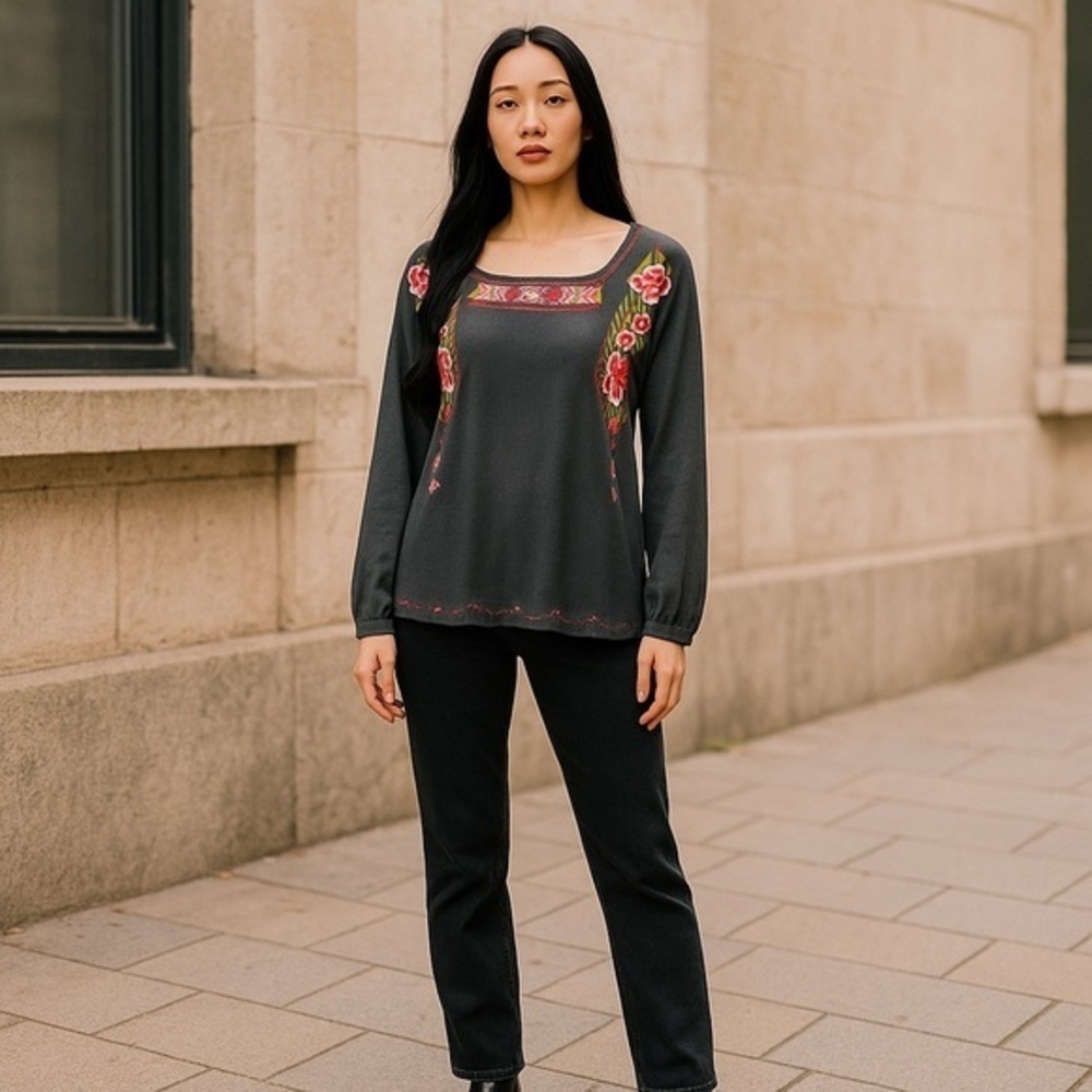 JODIFL Black Blouse with Red Floral Embroidery